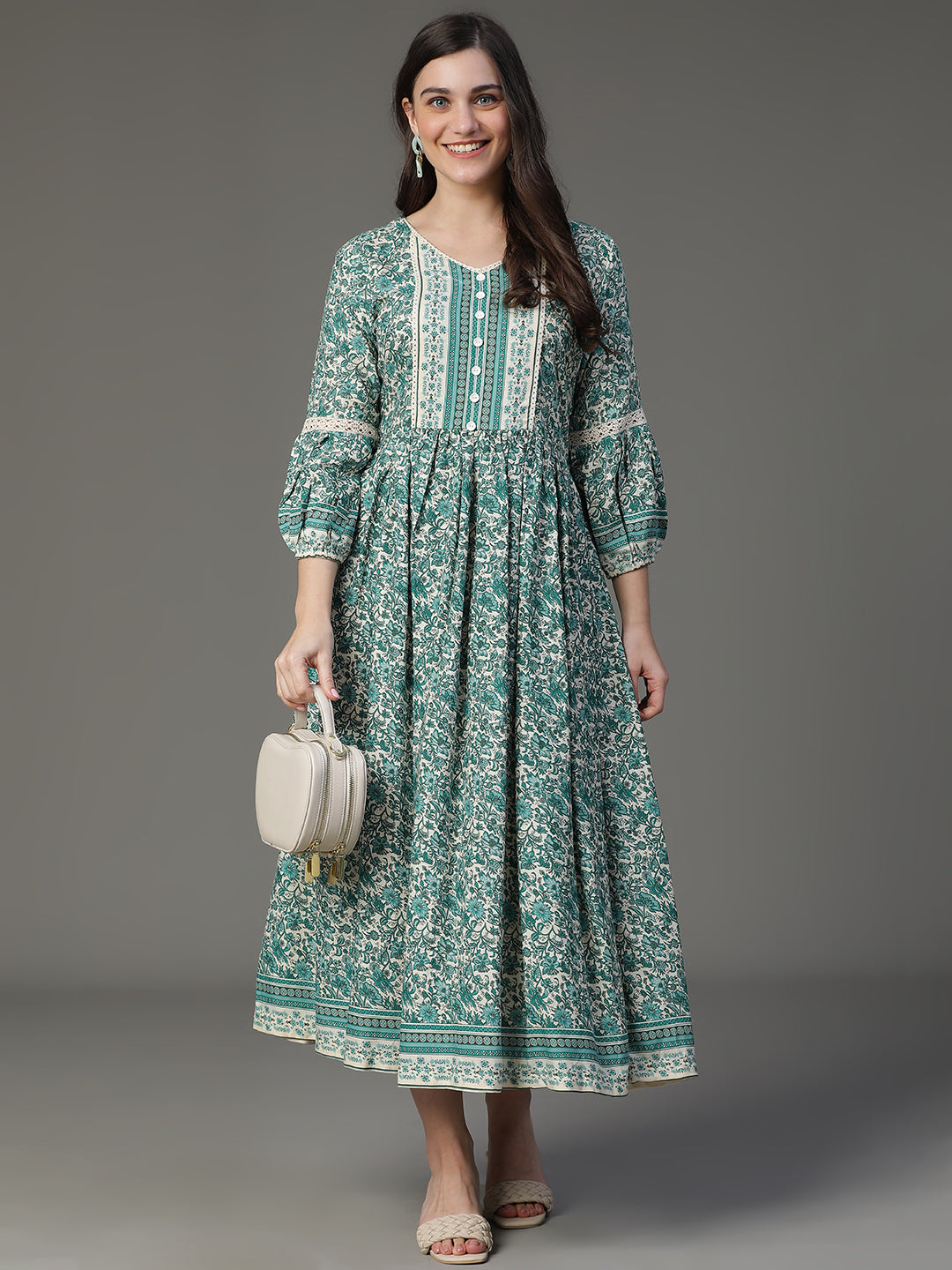 Cotton Printed Flared Dress with Neck having lace work