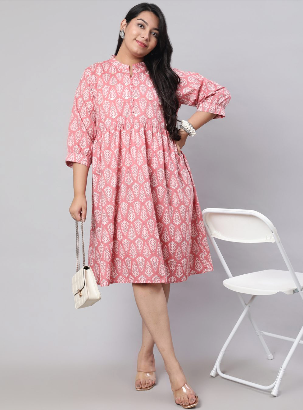 Plus Size Pink Ethnic Printed Flared Dress