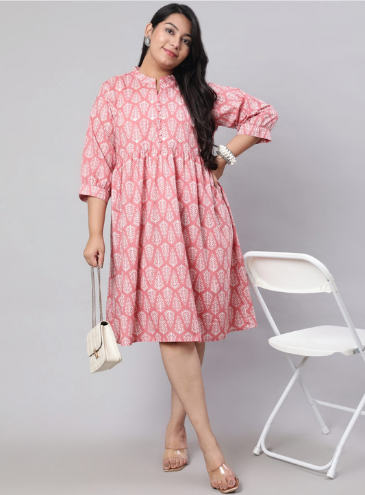 Plus Size Pink Ethnic Printed Flared Dress