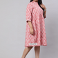 Plus Size Pink Ethnic Printed Flared Dress