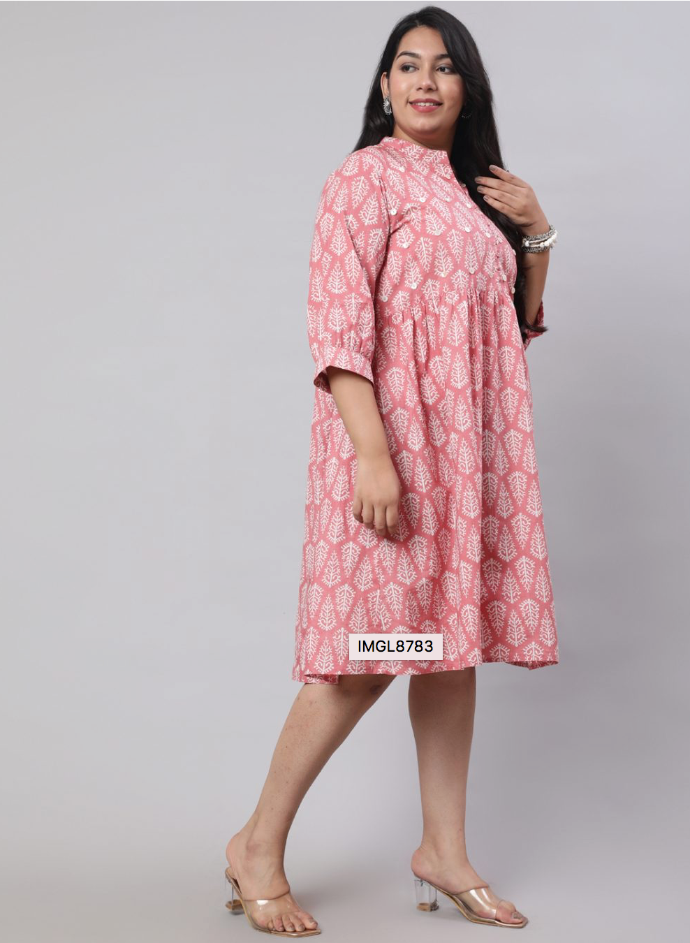 Plus Size Pink Ethnic Printed Flared Dress