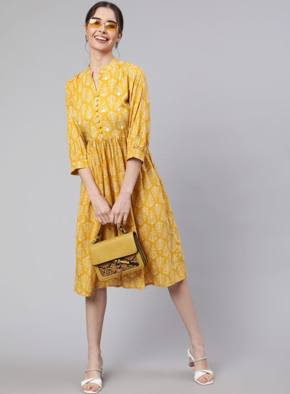 Yellow Ethnic Printed Flared Dress