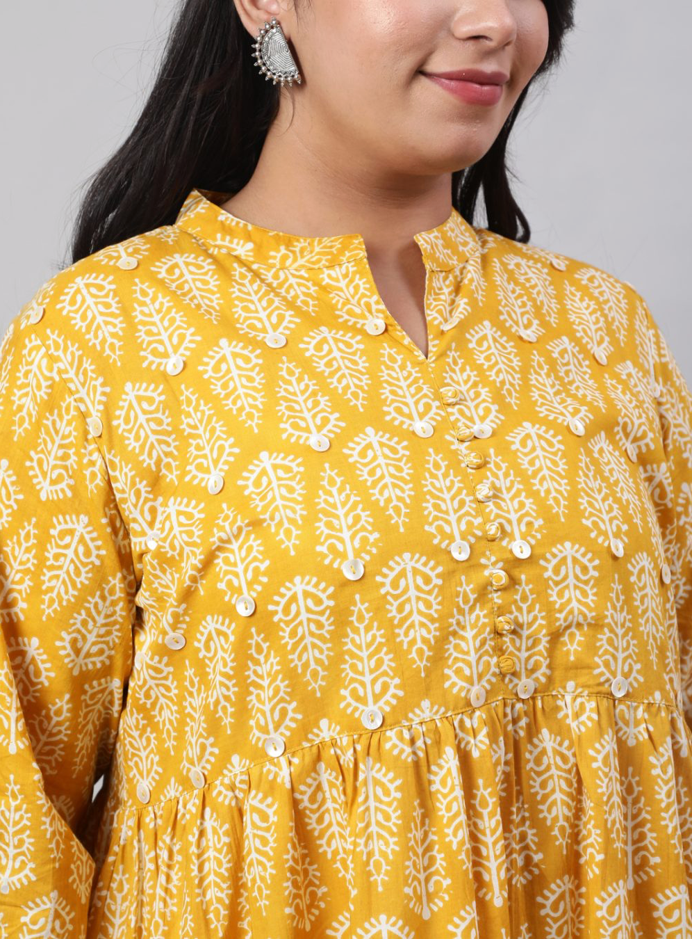 Plus Size Yellow Ethnic Printed Flared Dress