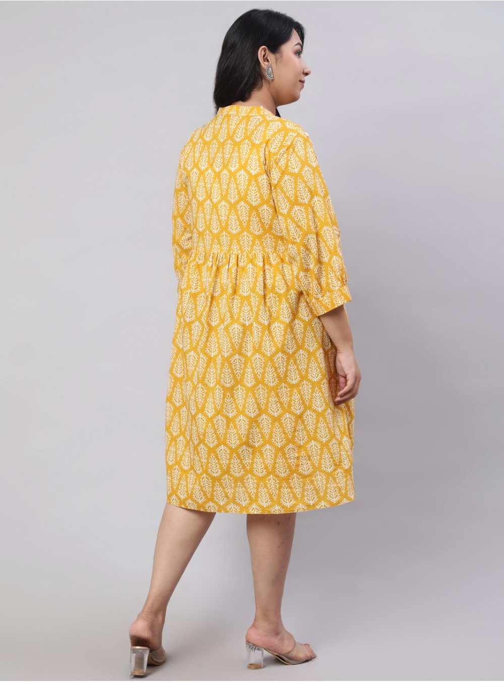 Plus Size Yellow Ethnic Printed Flared Dress