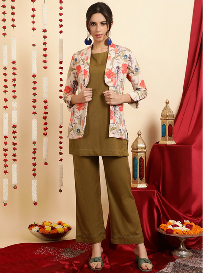 Olive Green Kurta And Palazzo With Shrug Co-ord Set