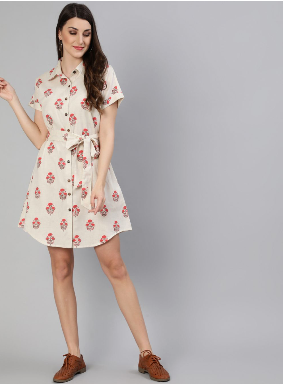 Off White Ethnic Printed Cotton Slub Shirt Dress With Belt