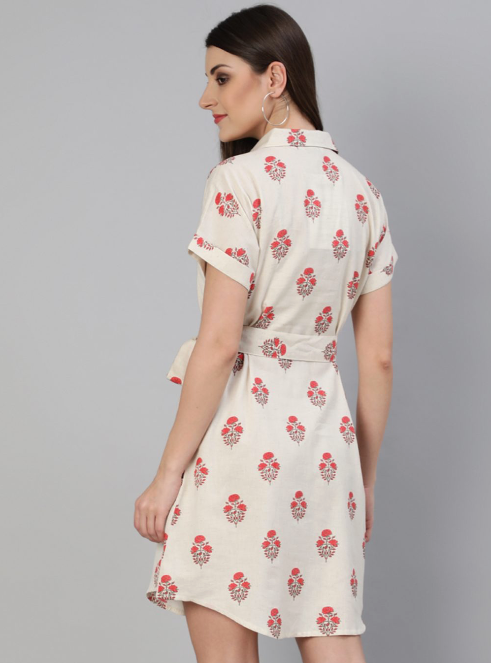 Off White Ethnic Printed Cotton Slub Shirt Dress With Belt