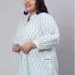 White & Turquoise Blue Plus Size Printed Pleated Top