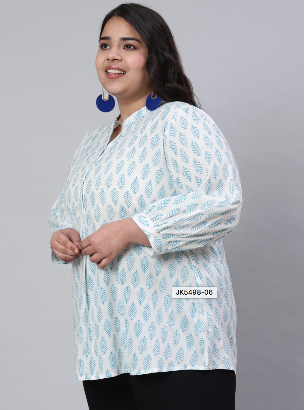 White & Turquoise Blue Plus Size Printed Pleated Top