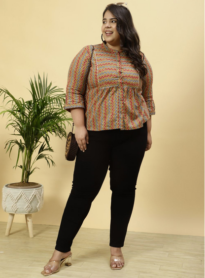 Plus Size Brown Zig-Zag Printed Top