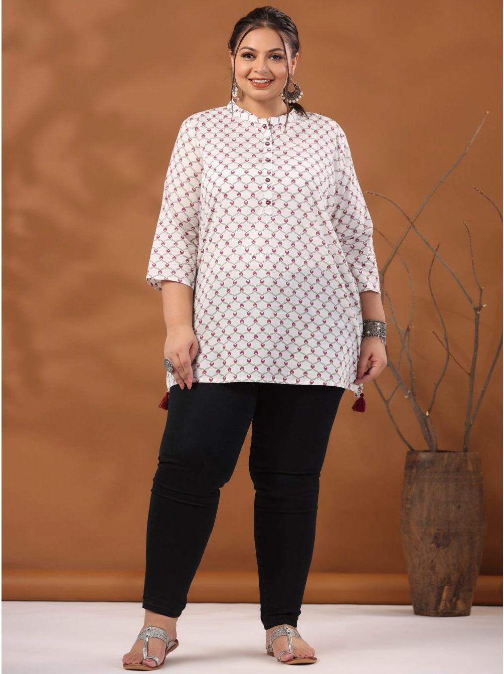 White Plus Size Geometric Printed Cotton Short Kurta