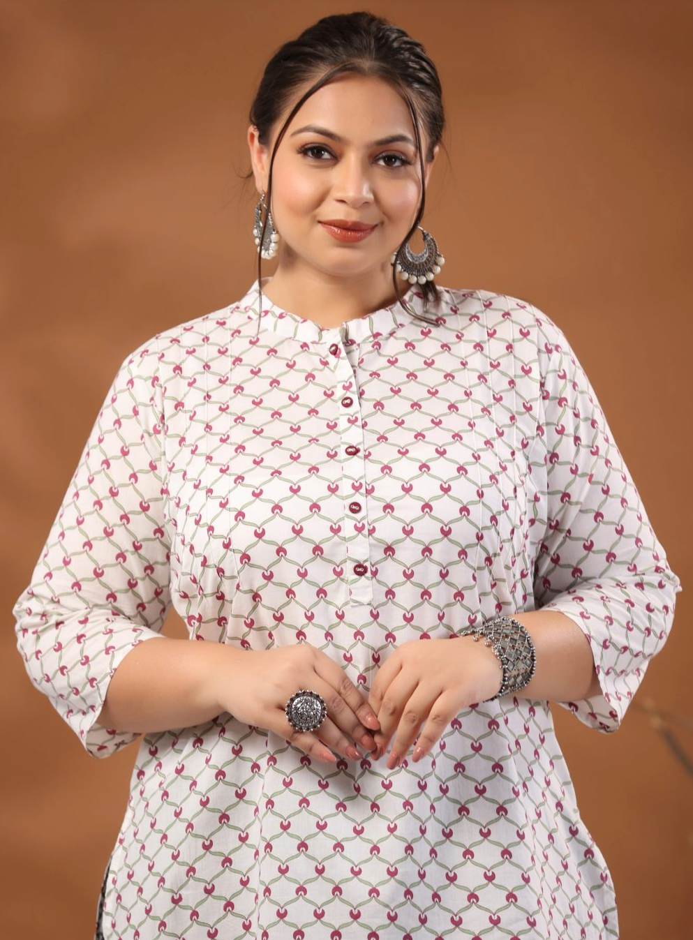 White Plus Size Geometric Printed Cotton Short Kurta