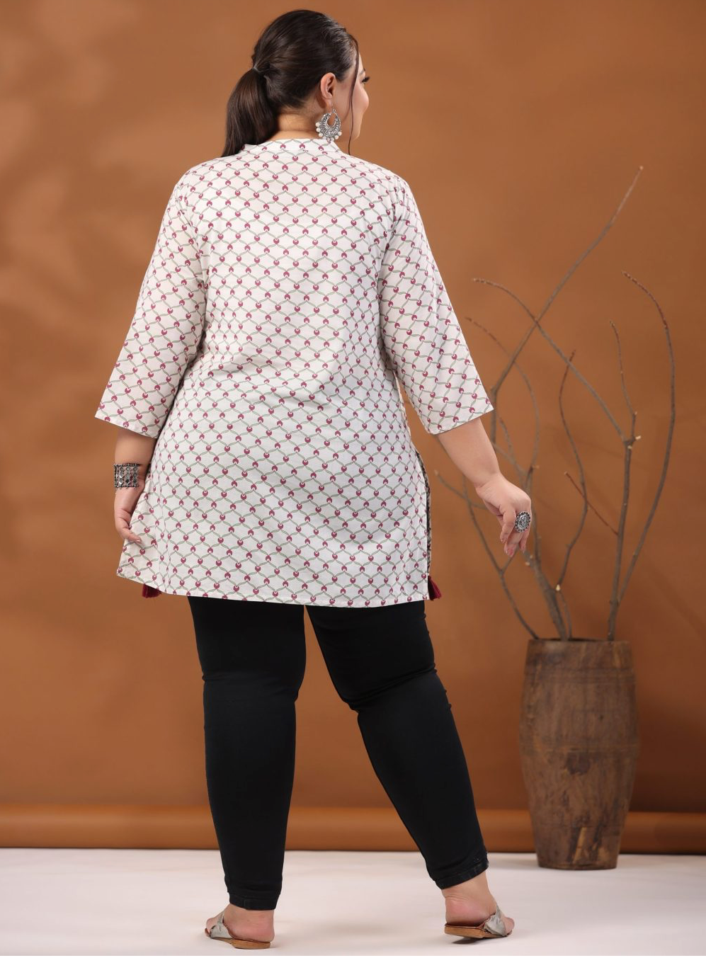 White Plus Size Geometric Printed Cotton Short Kurta