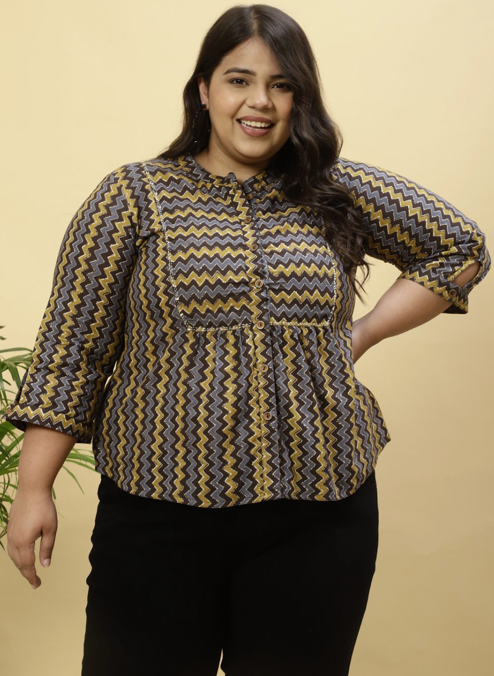 Plus Size Charcoal Zig-Zag Printed Top