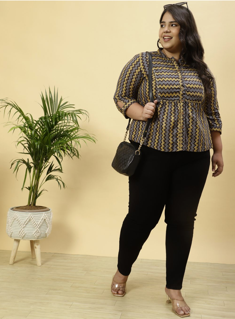 Plus Size Charcoal Zig-Zag Printed Top