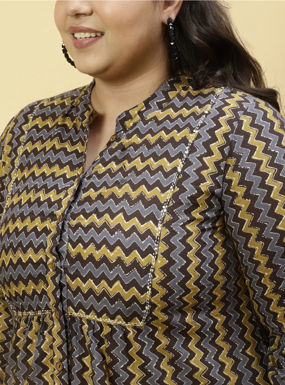 Plus Size Charcoal Zig-Zag Printed Top