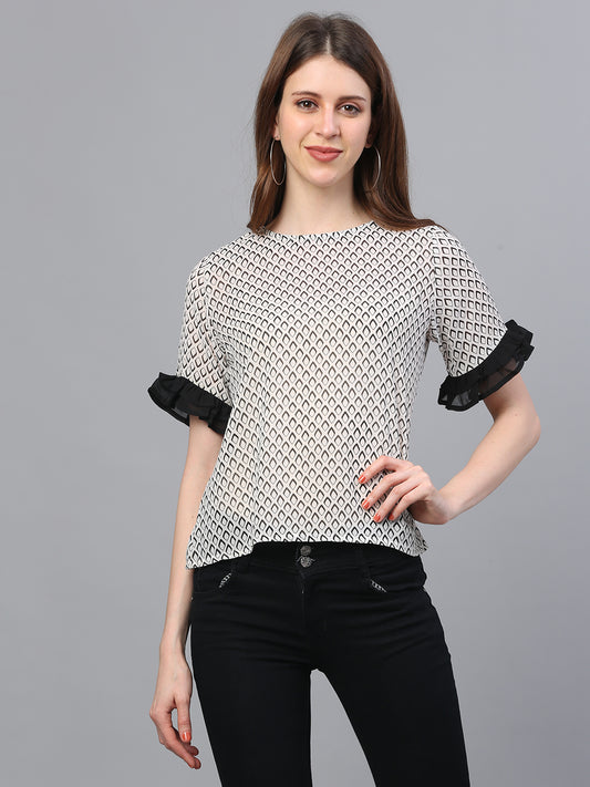 Printed Gorgette Top with Fancy Frill Sleeves