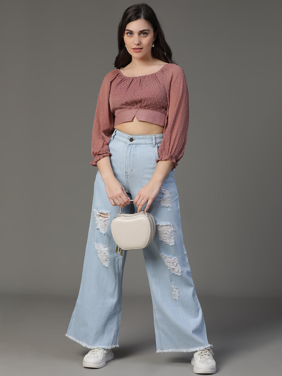 Chiffon Doby Crop Top with Lining, puff Sleeves and tie belt with cut.