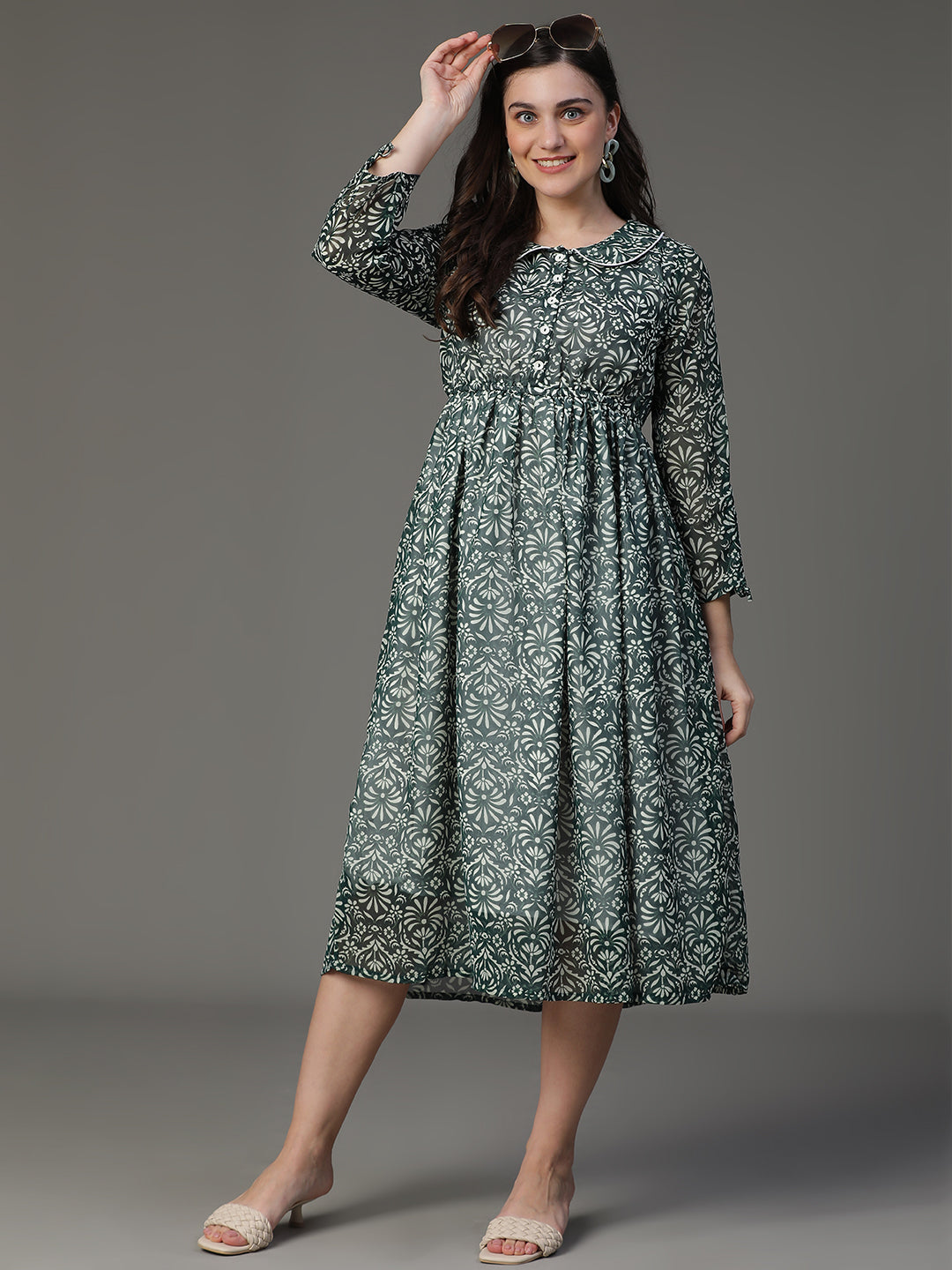 Georgette Printed Flared  Dress with Lining, Peter Pan Collar