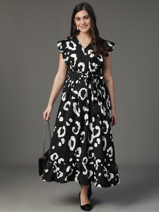 Haider Moss Printed Flared Dress with V Neck