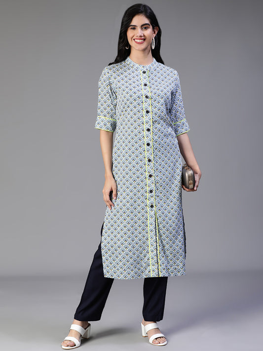 Rayon Printed Kurta with round neck, green highlights on sleeves