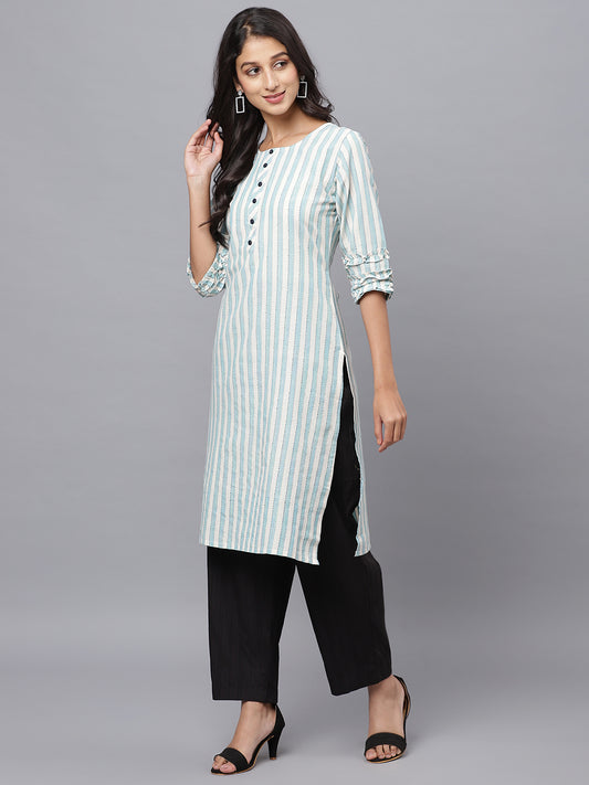 Cotton Striped Kurta with Tripple Frills (Green)