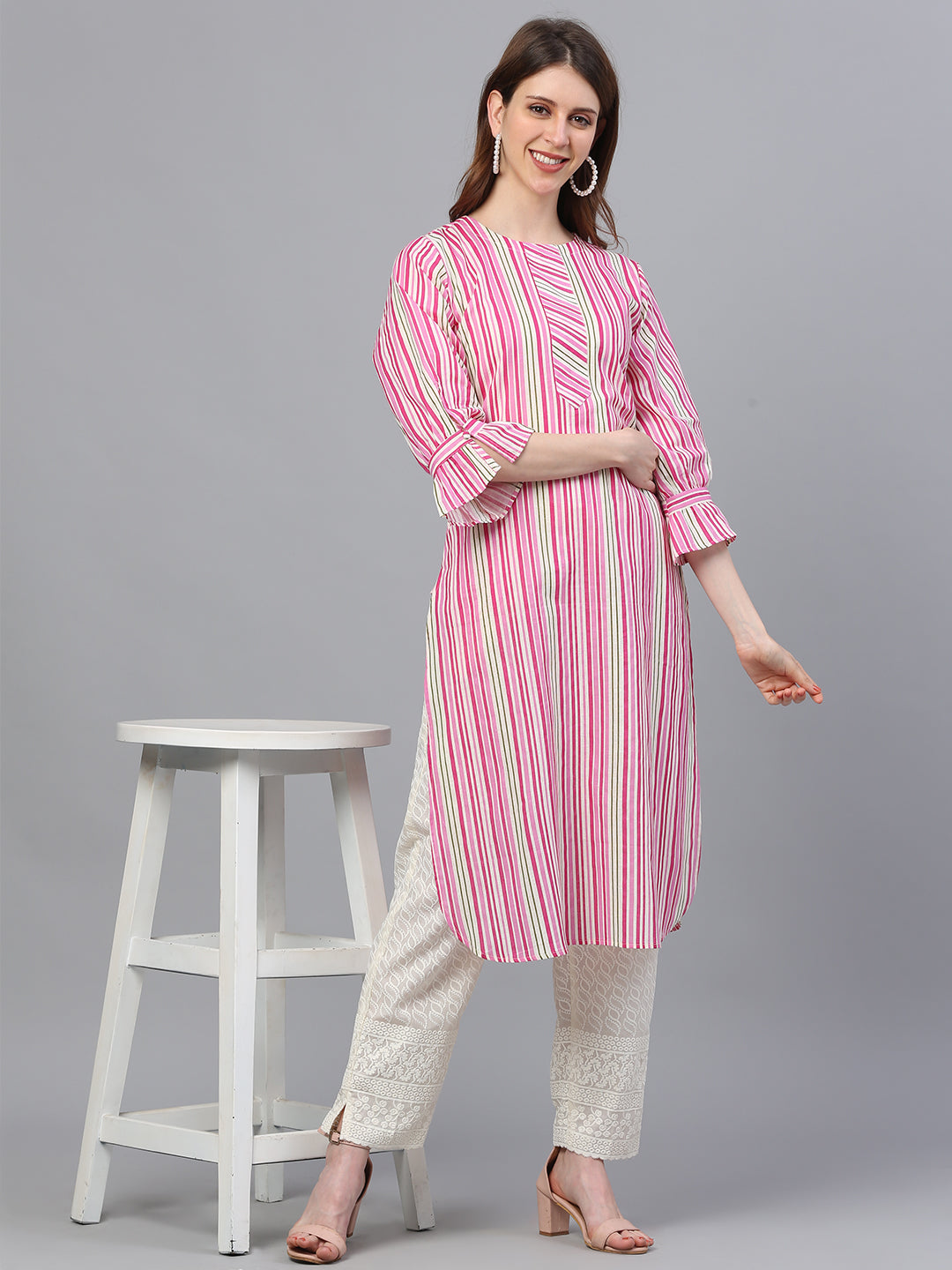 Cotton Kurta with Stripe Design and and Puff Sleeves