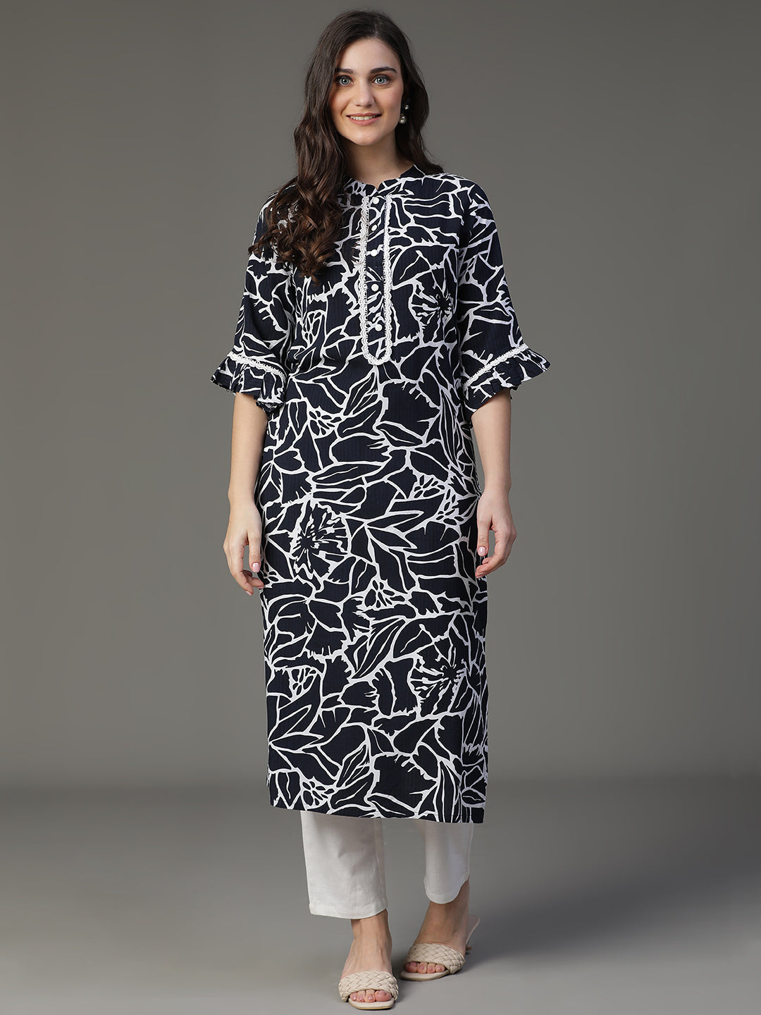 Cotton Jacquard Printed Kurta with frills Sleeves