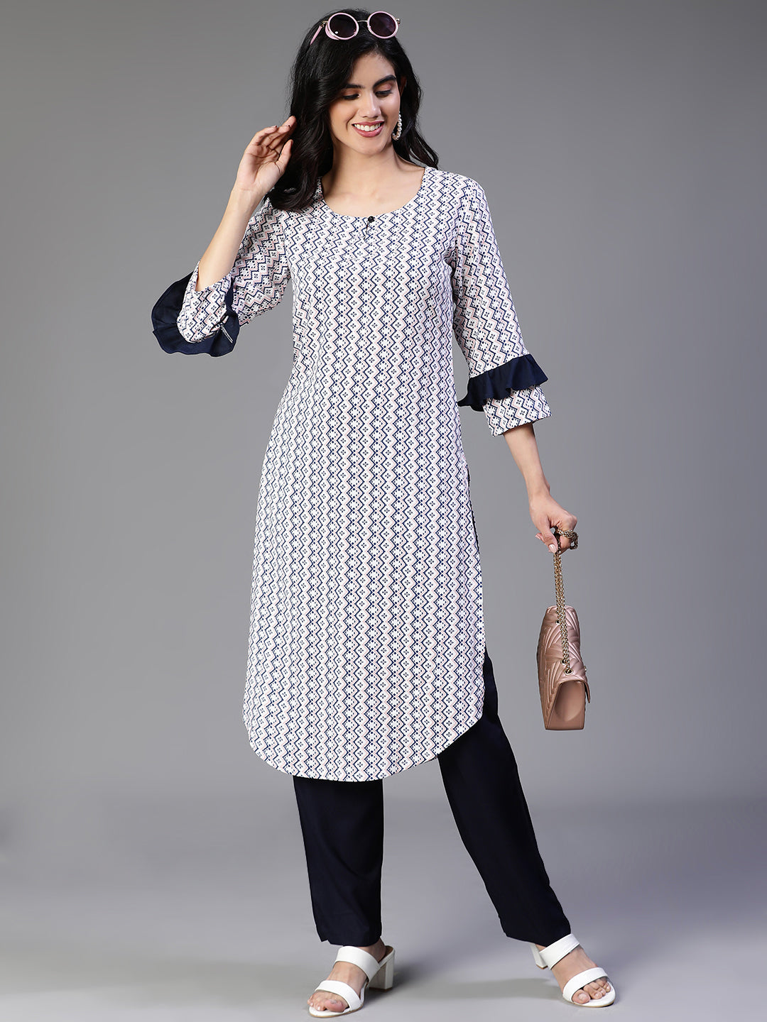 Rayon Printed Kurta with Aztec Flower Print